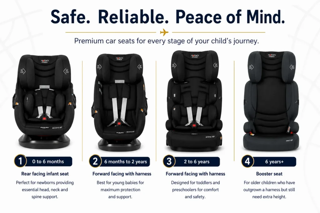 Four child car seat options for airport transfers: rear-facing capsule, forward-facing seat, harnessed booster and booster seat